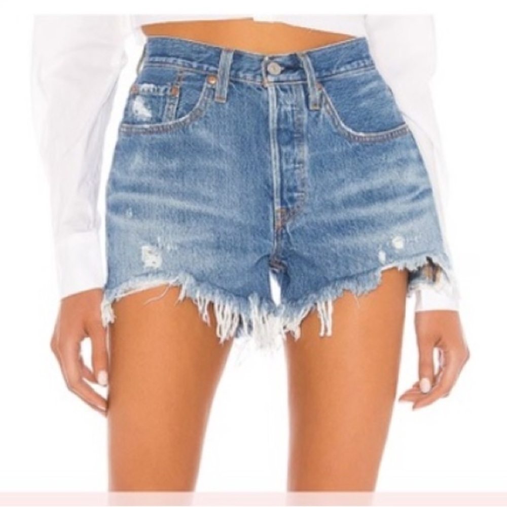 Levi's 501 Blue Denim Frayed Shorts
